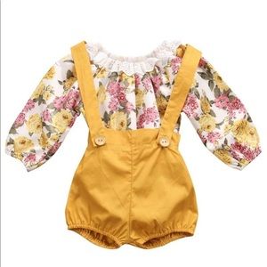 Mustard shortall with floral print long sleeve top